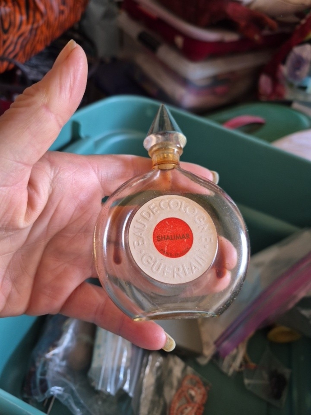 GUERLAIN Clear Glass Shalimar Mini with Red Center and Gold Neck